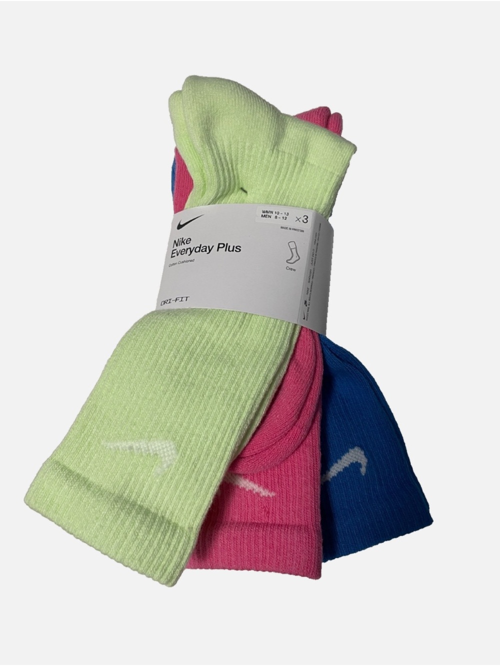 Nike Everyday Plus 3-Pack Crew Socks - Neon Green, Pink & Blue